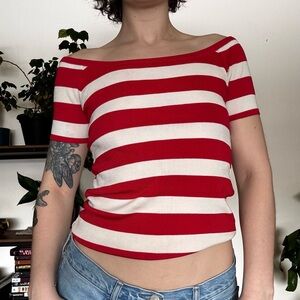 Vintage Striped Boat Neck Knit Top